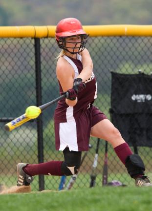bob ford/times news Lehighton's Echo Bretz connects with a pitch during the Indians game with East Stroudsburg South on Friday. The game was suspended by rain in third inning.