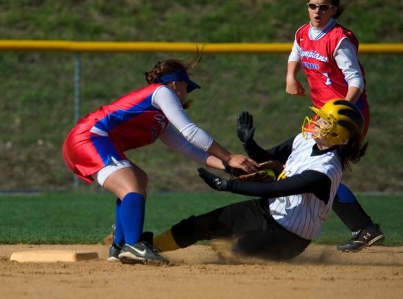 BOB FORD/TIMES NEWS Jim Thorpe's Amber Fiducia applies the tag to Panther Valley's Kristyn Gates at second base. Gates was called safe on the play.