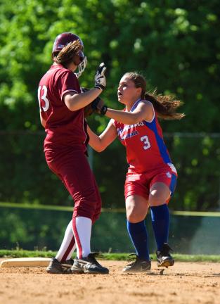 bob ford/times news Jim Thorpe's Amber Fiducia (3) tags out Pottsville's Steph Sweat at second base.