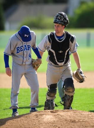 bob ford/times news Pleasant Valley pitcher Russell Baldino and catcher Joe Wiesmatch talk on the mound during a recent baseball game. The Bears' baseball, softball and soccer teams are all enjoying outstanding success this spring.