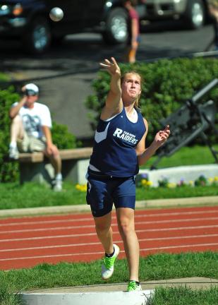 steve shinko/special to the times news Tamaqua Allison Updike follows through after releasing the shot put. Updike won the event with a toss of 33-9 in the Schuylkill League championship meet against Marian.
