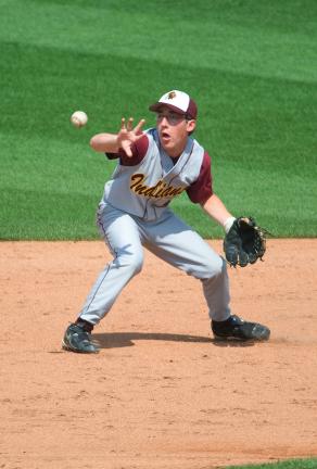 Bob Ford/TIMES NEWS Lehighton second baseman Matt Schaeffer flips the ball to second for a force out during the third inning of Thursday's District 11 AAA championship game.