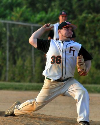 mike feifel/times news Jeff Noyes of the Franklin Township Hurricanes unwinds with a pitch against the Towamensing Yankees.