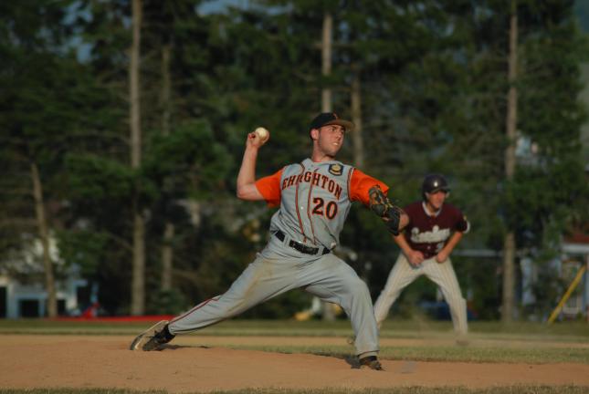 RON GOWER/TIMES NEWS Kyle Hunter throws a pitch to a Coplay batter during last night's Lehigh Valley Legion playoff win.