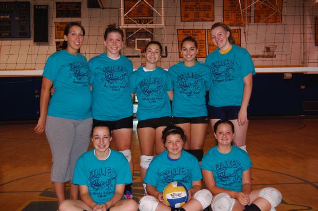 VINNY VELLA/TIMES NEWS The Marian Fillies Volleyball Camp for high school players was held recently. Pictured are the camp's six-on-six championship team: (front, l-r) Madison Dyer, Ashton Galassao, Abby O'Donnel (back) coach Maria Currie, Joanna…