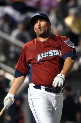 MIKE FEIFEL/TIMES NEWS Andy Tracy of the Lehigh Valley IronPigs reacts after one of his hits just misses clearing the fence in the Triple A Home Run Derby at Coca-Cola Park.