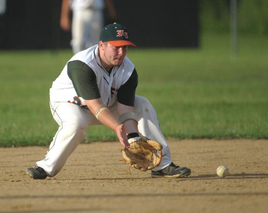 bob ford/times news Jeff Noyes of the Franklin Township Hurricanes gets set to field a ball at shortstop during Thursday's 6-3 victory over Allen Township.
