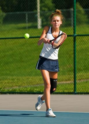 Steve Shinko/Special to THE TIMES NEWS Tamaqua's Lauren Androkitis returns the ball to her opponent during Thursday's girls tennis match against Moravian Academy at Tamaqua.