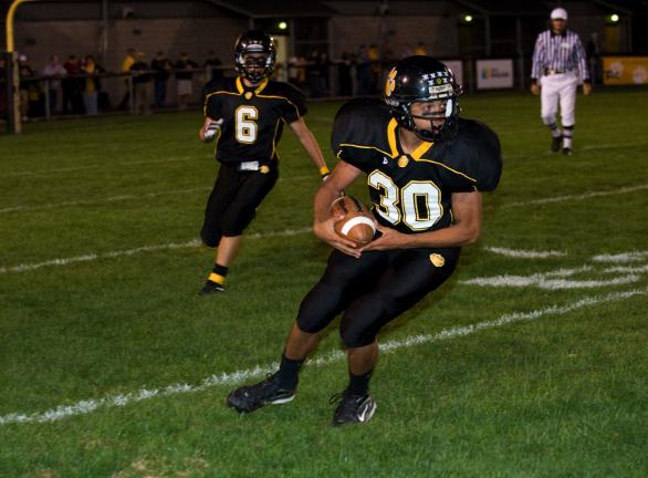 Bob Ford/TIMES NEWS Devin Dilliard (30) of Panther Valley handles a kickoff return against Schuylkill Haven. Behind him is teammate Nick McArdle.