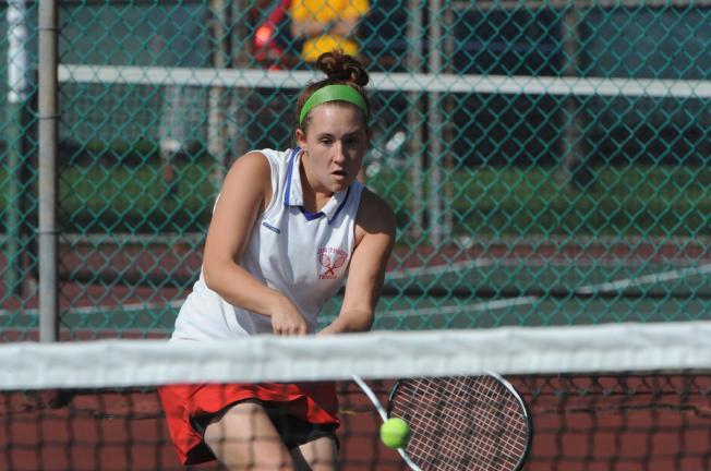 nancy scholz/special to the times news Jim Thorpe's Ellyn Tomko returns a ball during the District 11 Class AA Singles Tournament on Thursday. Tomko dropped her opening match to Paige Gurski of Bethlehem Catholic.