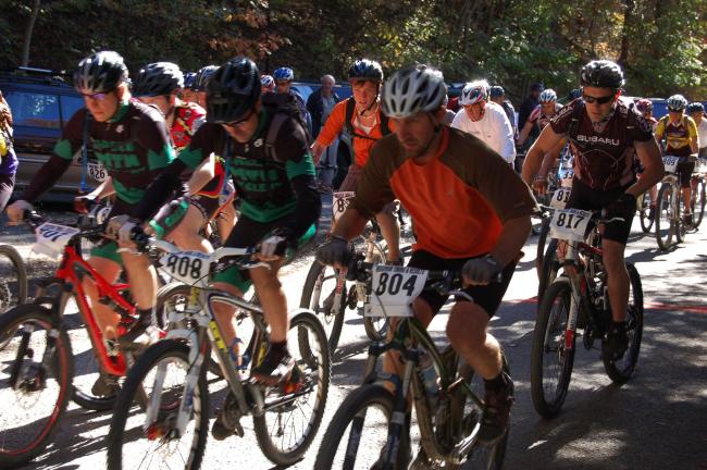 JOE PLASKO/TIMES NEWS Riders take off from the start of the Reading Anthracite Coal Cracker Classic Mountain Bike Race at Tamaqua's Bungalow Park.