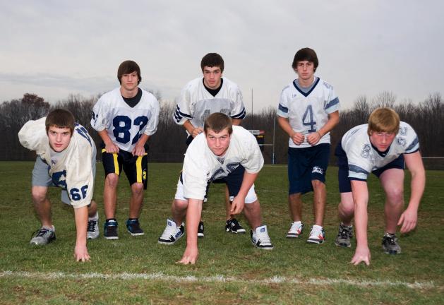 BOB FORD/TIMES NEWS Northern Lehigh's defense will center around, front, from left, Kyle Greenawald, Kyle Schomp and Mike Buresh. Back, same order, David Getz, Kirk Bender and Trevor Yashur, when it takes the field against Wilkes-Barre GAR on Friday.