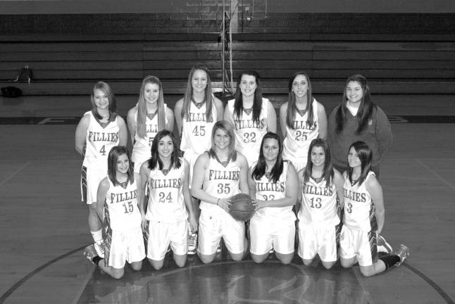 The Marian girls basketball team includes, front row, from left, Lindsay Nemeth, Corrine Markiewicz, Gillian Ferko, Kaycee Gutsie, Emily Sofranko and Gabby Green. Back row, Samantha Faust, Kaysi McLaughlin, Danielle Tristani, Kelly Shober, Kim…
