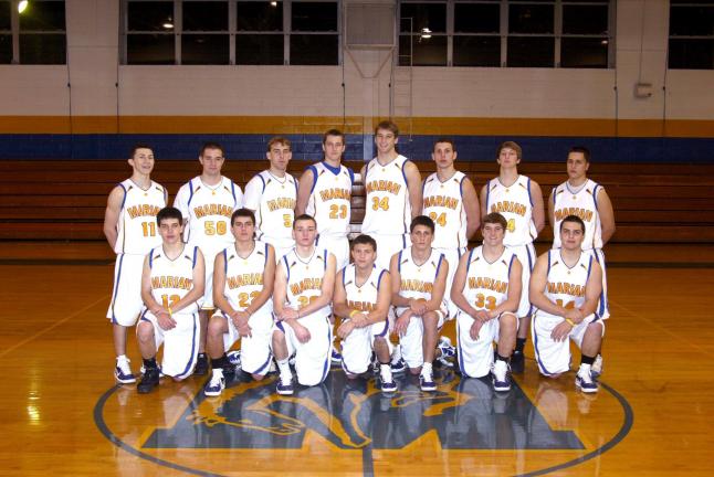 The Marian boys basketball team is comprised of, kneeling, from left, Ryan Karnish, John Julian, Mike Nesgoda, Corey Ryba, Anthony Agosti, Damian Richards and Anthony Pilla. Standing, Chris Barletta, Jordan Weber, JT Keer, Ryan Gimbi, Dominick…