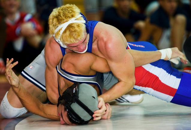 Bob Ford/TIMES NEWS Jim Thorpe 160-pounder Jon Fritz tries to turn his opponent onto his back during Saturday's Jim Thorpe Duals.
