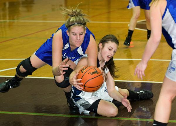 bob ford/times news Palmerton's Kelsey Hay (left) and Northern Lehigh's Tina Bastardi battle for possession of the ball.