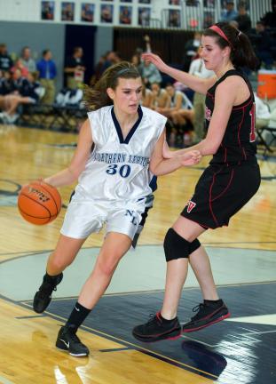 BOB FORD/TIMES NEWS Northern Lehigh's Lauren Oertner drives to the hoop as Saucon Valley's Danielle Van Buren defends.