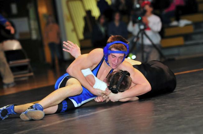 nancy scholz/times news Palmerton's Joseph Bubble (top) battles Northwestern's Dylan Badesso in the 135 pound bout. Bubble eventually picked up a pin.