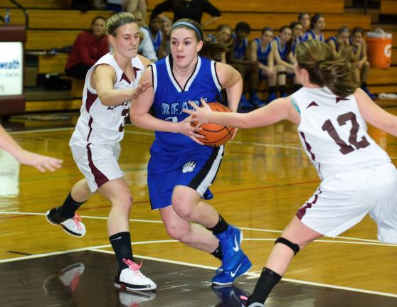 bob ford/times news Pleasant Valley's Meghan Hardy (right) drives to the basket. Jordyn Homyak is the Lehighton defender.
