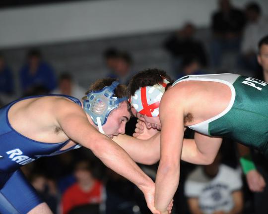 Tamaqua's Travis Veronsky locks up with Pen Argyl's J. D. Rabenold in their 160 pound bout. Veronsky wy by a 4-2 decision.  DON HERB /Special to THE TIMES NEWS