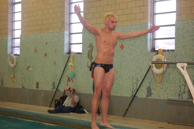 Dane DeWire concentrates on a dive during the Schuylkill League championships at the Tamaqua natatorium. The Blue Raiders' DeWire won his fourth title and set new school and league marks in the process. JOE PLASKO/TIMES NEWS