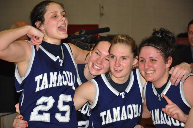ron gower/times news Tamaqua's Amy Zehner, Stacy Wallace, Ali Updike and Cassie Eroh celebrate their District 11 championship victory over Allentown Central Catholic.