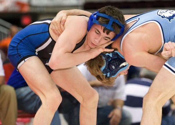 bob ford/times news Pleasant Valley's Michael Dahlstrom (left) battles with Blue Mountain's Brandon Choate during a 130-pound consolation bout.
