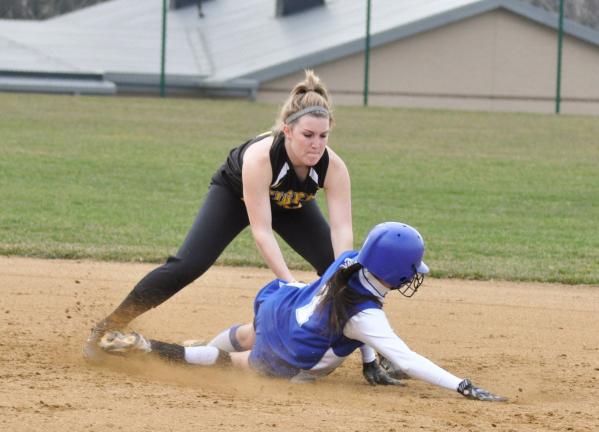 ron gower/times news Northwestern second baseman Blaise Barron puts the tag on Palmerton's Emily Knauss.