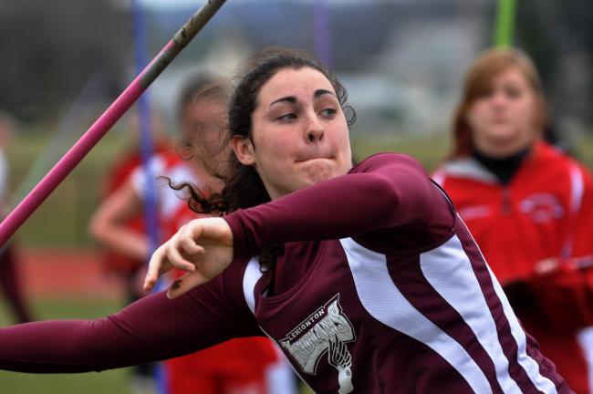 mike feifel/times news Lehighton's Sarah Keer gets set to release the javelin. Keer won the event with a throw of 111-8.