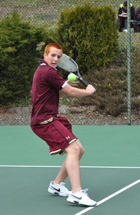 ron gower/times news Lehighton's Nick Mantz sets his feet for a backhand shot. Mantz posted a three set victory against Tamaqua.