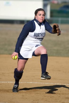 bob ford/times news filephoto Northern Lehigh's Maggie Lear unwinds with a pitch during a game against East Stroudsburg North. This season, the softball rubber was moved back three feet.