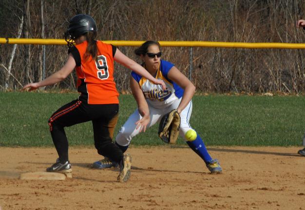 RON GOWER/TIMES NEWS Weatherly's Devon Bizarre easily steals second base ahead of the throw, while guarding the bag is Marian shortstop Ashley Donlan.
