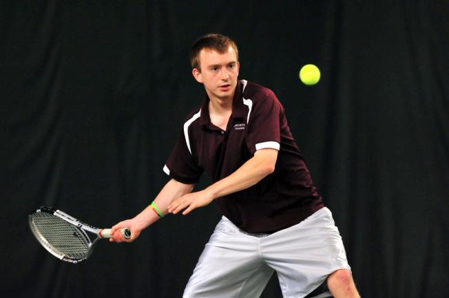 nancy scholz/times news Lehighton's James Sverchak prepares to return the ball during Thursday's District 11 Class AA Tennis Tournament. Sverchak won his opening match, but was eliminated in the second round.