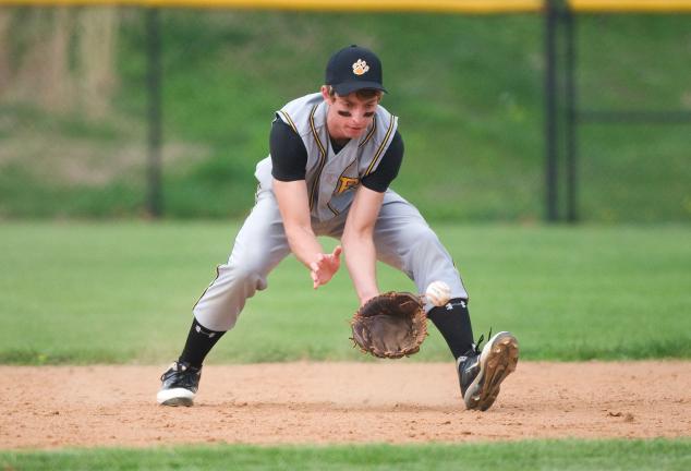 bob ford/times news Panther Valley shortstop Zach Stanko eyes the ball into his glove during Monday's game against Pine Grove.