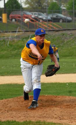 RON GOWER/TIMES NEWS Marian's Ryan Gimbi, who started on the mound against Weatherly on Thursday. The Colts went on to beat the Wreckers 17-1 and Gimbi helped his own cause with a two-run hpmer in the second inning.