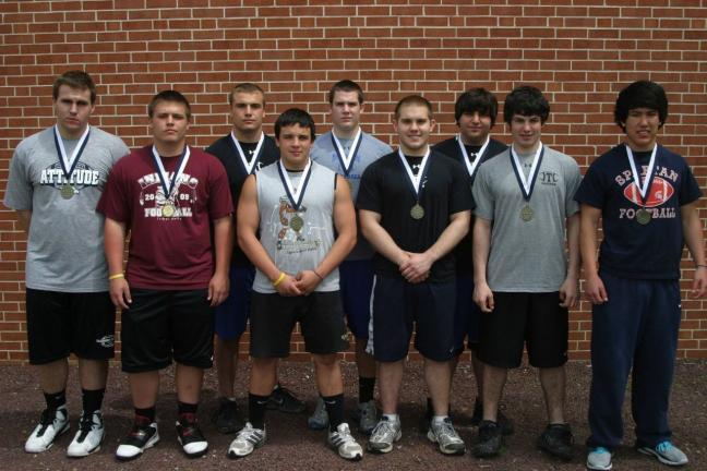 The gold medal winners in the 16-18 year old division at the Blue Bomber Football Invitational Weightlifting Competition include, from left, Gavin Sonntag (Salisbury), Zach Breiner (Lehighton), Pete Conforti (Tamaqua), Austin Forte (Mahanoy Area),…