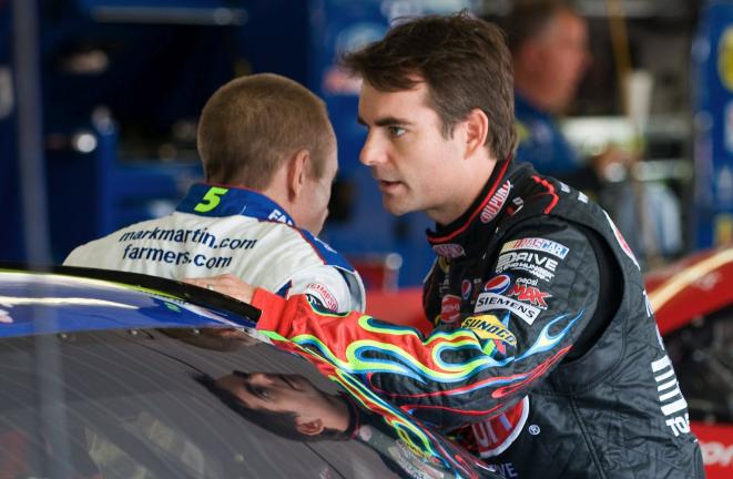 BOB FORD/TIMES NEWS Jeff Gordon (right) and Mark Martin have a conversation in the garage area at Pocono Raceway on Friday.