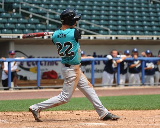 DON HERB/Special to THE TIMES NEWS Northern Lehigh's Jake Kern swings for a base hit in Friday's Carpenter Cup win for the Lehigh Valley team at Coca-Cola Park in Allentown.