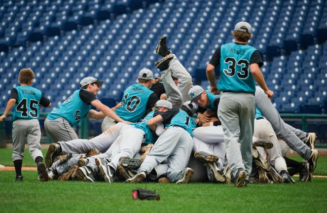 bob ford/times news Lehigh Valley players celebrate after recording the final out in the championship game of the Carpenter Cup Baseball Tournament on Tuesday at Citizens Bank Park in Philadelphia.