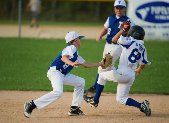 BOB FORD/TIMES NEWS Tamaqua's Ethan Kuczynski tags Towamensing township's Nate Sterner out in Wednesday night's district 18 11-12 Tournament contest.