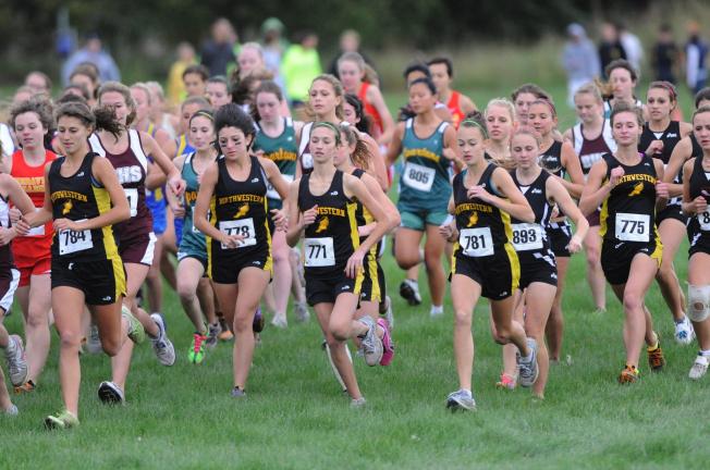nancy scholz/times news Northwestern girls are grouped together in the front of the pack just after the start of the Colonial League cross country championship race. The Tigers won the team title.