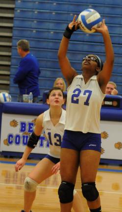 ron gower/times news filephoto Pleasant Valley's Breanna Joseph sets the ball as teammate Stephanie Schmitt looks on during the MVC semifinals.