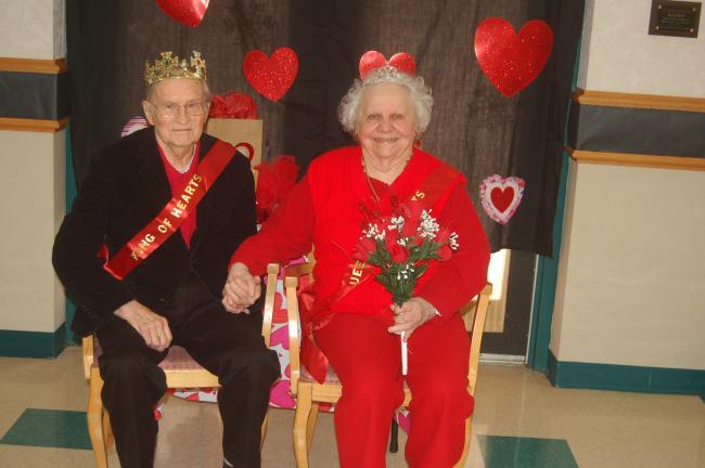 TERRY AHNER/TIMES NEWS Bill Burkhardt, 83, of Albrightsville, and Frances Vargo, 85, of Lehighton, were chosen as King and Queen of Hearts at the eighth annual Valentine's Day Party Tuesday at Blue Mountain Health System's Adult Day Services Center…
