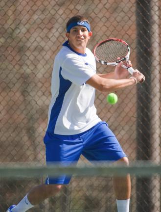 BOB FORD/TIMES NEWS Pleasant Valley's Vnce Voulo returns a serve during Tuesday's win at Lehighton. The Bears went on to score a 6-1 Mountain Valley Conference win.