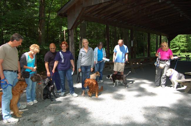 LINDA KOEHLER/TIMES NEWS Second from left, Debra Galan-Parsons and her dog Fin, welcomed several dog owners to a Canine Good Citizen session at Chestnuthill Township Park. Some that attended were, left to right: Ken Andrews and Rusty; Debra and Fin;…