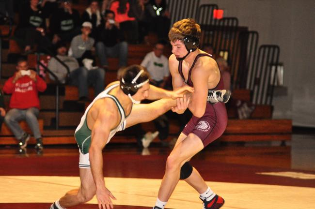mike feifel/times news Lehighton's Connor Frey (right) tries to take down Mike Racciato of Pen Argyl in the 160-pound bout. Racciato recorded a 9-2 decision.