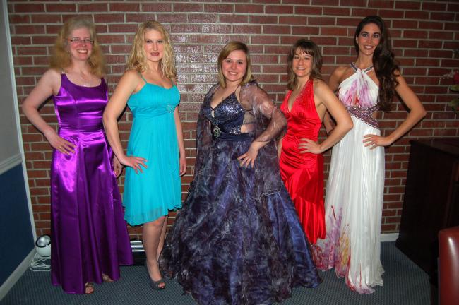 LINDA KOEHLER/TIMES NEWS Modeling a sample of the gowns that will be available at the Fifth Annual Dream Come True Prom and Wedding Dress Sale to be held Wednesday, April 3 at Penn's Peak are, from left: Joan Reinhard, wellness coordinator/Pencor…