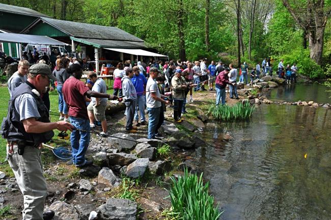 VICTOR IZZO/SPECIAL TO THE TIMES NEWS  Students, aides, and volunteer helpers line the stream under beautiful skies during the 59th annual Germantown Grove Club Fishing Derby for Special Needs students from schools all over Carbon County.