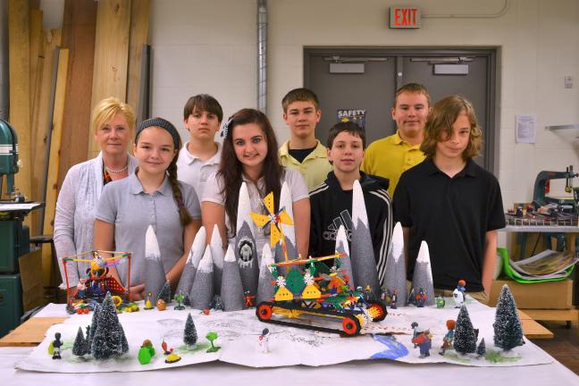 SHERI RYAN/SPECIAL TO THE TIMES NEWS Panther Valley Middle School students who recently took first place at the local K'nex STEM Design Challenge, include, front row, from left, are Megan Weber, Tatum Terry, Justin Ogozalek and Cordell Brettle. Back…