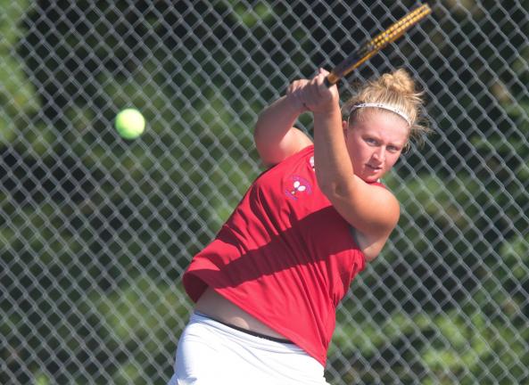 BOB FORD/TIMES NEWS Jim Thorpe's Gabby Binder follows through with a backhand during Tuesday's match against Blue Mountain.